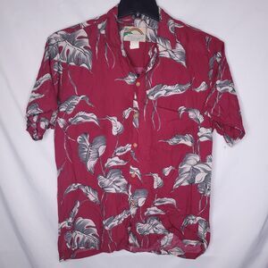 Paradise Found Hawaiian Shirt Mens Medium Red Floral Rayon